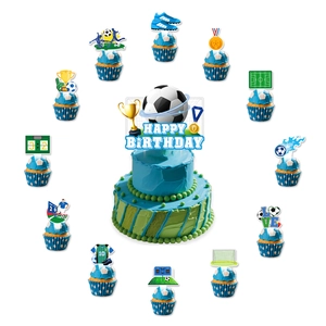 Football theme cake topper set featuring soccer balls and trophies for birthday parties