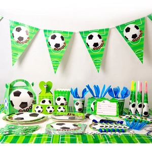 Green soccer theme party tableware and decorations set with flags and cups