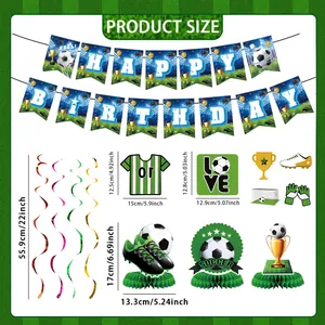 Detailed size guide for football party decorations including hanging swirls and cake toppers