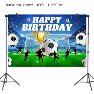 Close-up of a blue soccer birthday backdrop banner with trophy and player silhouettes
