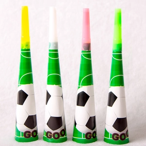 Set of four colorful football vuvuzelas with soccer patterns and GO text for sport parties