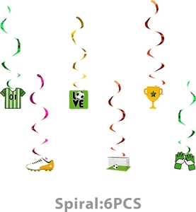 Detail view of 6-piece soccer theme hanging swirl decorations with jersey and trophy cards