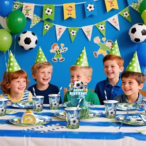 Soccer theme birthday party tableware set with paper plates, cups and banners for kids