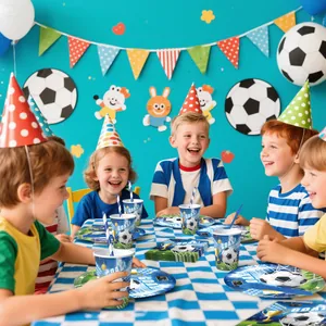 Kids football party table setting with Goal patterned paper plates cups and napkins