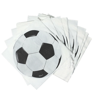 Detailed view of layered party napkins with soccer ball print and Glam branding text