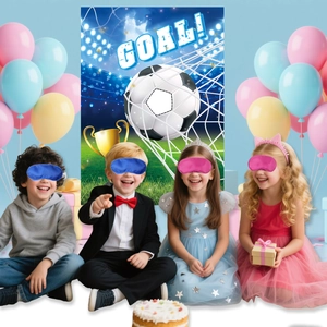 Soccer theme party backdrop with goal net, trophy, and Goal text for kids birthday