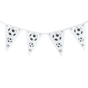 Detail of soccer themed triangle bunting banners for birthday party decorations