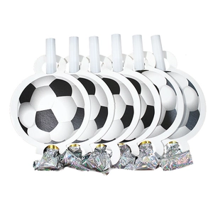 Set of 6 football themed party blowouts with green silver holographic tinsel and soccer card