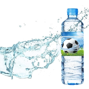 Close-up of soccer themed water bottle with refreshing water splash on white background