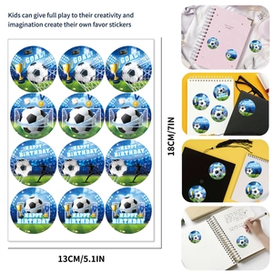 Detail showing soccer theme party stickers with trophy and goal icons for decoration