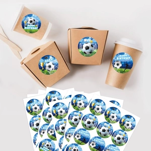 Soccer theme birthday stickers featuring goal designs on paper cups and party gift boxes