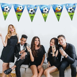 Soccer party banner with trophy and goal icons above a group of fans celebrating