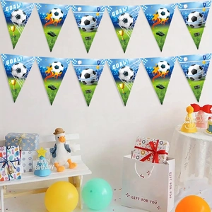 Soccer party pennant banner with Goal text, football trophy and lawn patterns on wall
