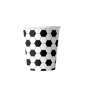 Disposable paper cup with classic black and white soccer pattern for football themed parties