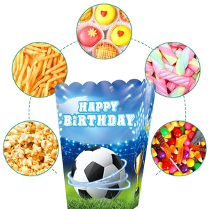Soccer party snack box with Happy Birthday text, showcasing snacks like popcorn and fries