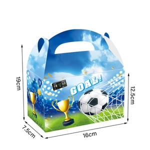 Detailed view of soccer theme paper gift box with handle and sport elements dimensions
