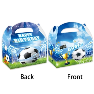 Front and back view of soccer theme party gift boxes with Happy Birthday Goal graphics