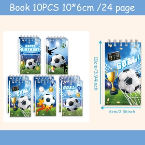 Set of 10 football theme mini spiral notebooks with goal designs and size details