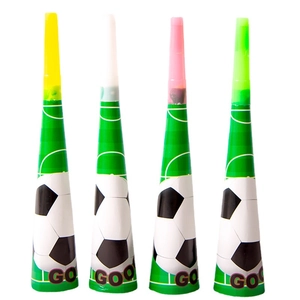 Four-piece green football cheering horns with soccer patterns and colorful mouthpieces