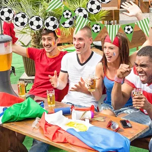 Soccer party banner with football flags and green stripes for sports event celebration