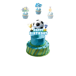 Soccer theme Happy Birthday cake topper set with trophies and football silhouettes