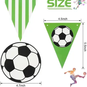 Size chart for soccer party banner showing 4.5x5.5 inch flags and 4.7 inch balls