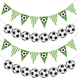 Soccer party banner set with green striped pennants and football patterns for decorations