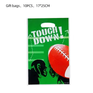10-piece green American football party gift bags with Touch Down slogan and helmet icons