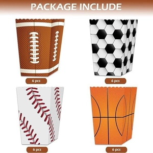 Lot de 24 boîtes à popcorn thème sport comprenant football, soccer, baseball et basketball
