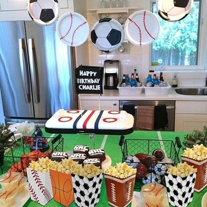 Fournitures de fête sportives avec boîtes à pop-corn football, basket-ball et baseball