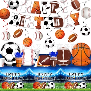 Detailed sports theme birthday party set with football, basketball and baseball party supplies