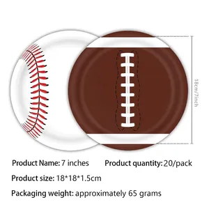 7-inch disposable paper plates with baseball and football sports patterns for party decor