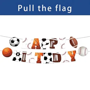 Sports themed Happy Birthday banner with football basketball and baseball patterns