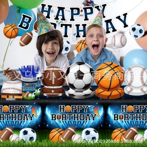 Sports theme party set with soccer, basketball, and baseball paper plates and napkins