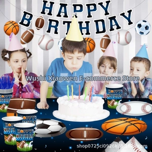 Detail showing sports-themed paper cups and plates for boys' birthday party decorations