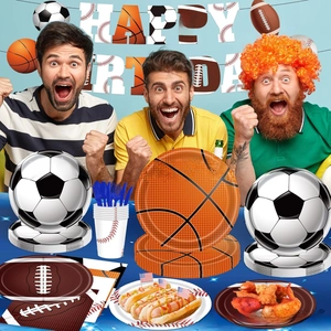 Macro view of sports themed disposable paper plates and cups for birthday parties