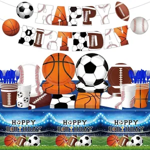 Sports Theme Birthday Party Supplies Set Football Basketball Baseball Rugby Paper Plates Cups Napkins Tablecloth Banner Decoration