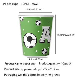 Detailed size specifications for 9oz green soccer party paper cups with dimensions