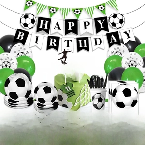 Detailed soccer birthday party set including happy birthday banners and themed tableware