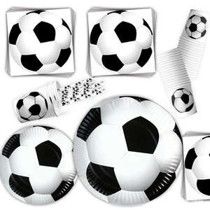 Detailed set of soccer party tableware including plates, cups, and napkins with ball patterns