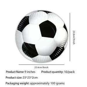 Detail of 9-inch soccer pattern paper plates for themed birthday party tableware set