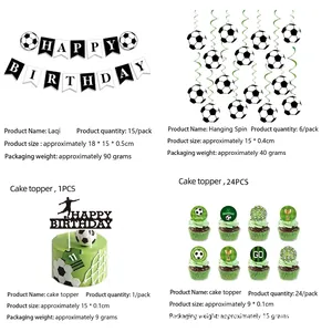 Detailed views of soccer theme Happy Birthday banner, spiral charms and cake toppers