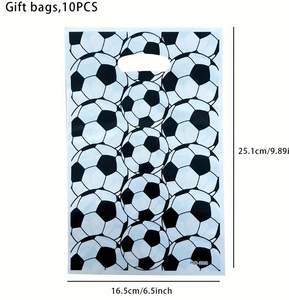 Detail of 10-piece soccer party gift bags with dimensions and handle design