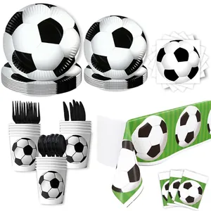 Soccer theme disposable party tableware set including paper plates cups and tablecloth