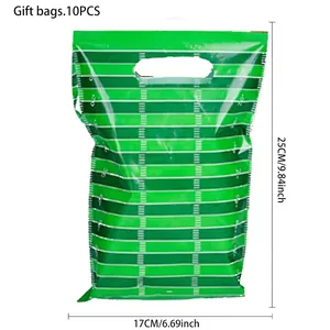 Vue détaillée des sacs cadeaux rayés vert et blanc 25x17cm avec poignée et dimensions