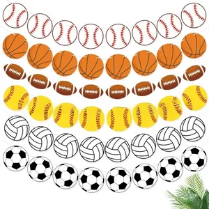 Detail of assorted sports ball banners featuring baseball, basketball, and soccer motifs