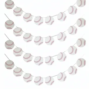 Baseball themed party banner set featuring red stitching design on white circular paper cards