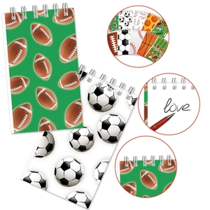 Mini carnets à spirales sur le thème du sport avec designs football, basket et baseball