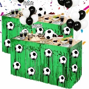 Faldón de Mesa con Flecos de Papel de Aluminio Verde Metálico y Pegatinas de Fútbol para Decoraciones de Fiesta de Cumpleaños Bar