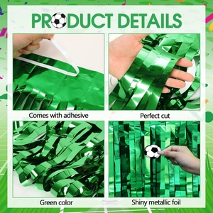 Detalle de falda de mesa de oropel verde con cinta adhesiva para fiestas de fútbol